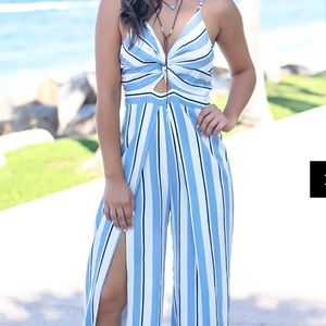 Blue and white striped jumpsuit